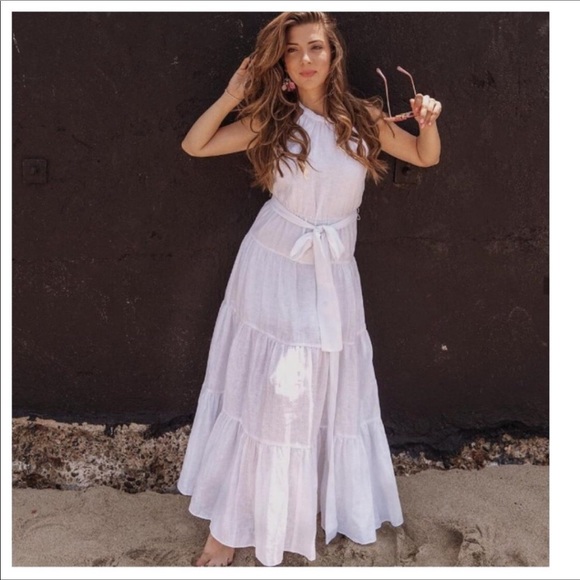 ZARA WHITE 100% LINEN HALTER BELTED FULLY LINED MAXI DRESS - Picture 7 of 12